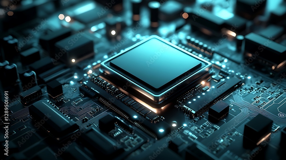Aufkleber close-up of glowing computer chip on circuit board technology background