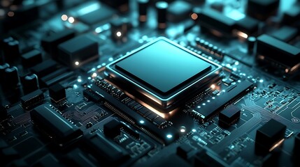 Fototapeta premium Close-up of Glowing Computer Chip on Circuit Board Technology Background