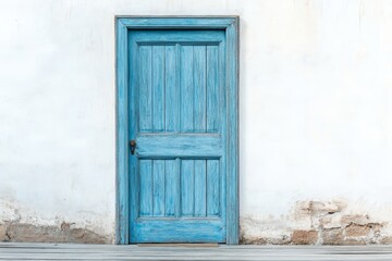 Fototapeta premium Vintage Blue Door on White Wall - A charming vintage blue door against a white weathered wall, showcasing rustic beauty and simplicity