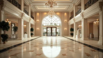Fototapeta premium Luxurious Grand Hall with Ornate High Ceilings, Intricate Wall Moldings, and Polished Marble Floors, Creating an Elegant and Sophisticated Backdrop with Warm Lighting and a Spacious Atmosphere