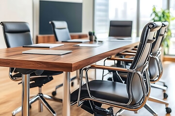 Modern Conference Room with Large Wooden Desk and Glass Windows