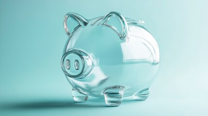 Clear glass piggy bank on teal background, savings, money, investment, simple