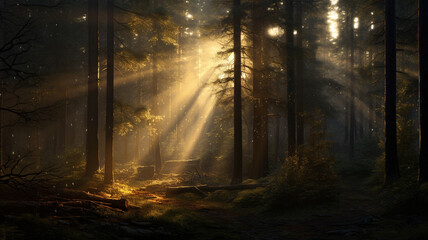a beautiful view of a pathway with a tall pine forest and trees in the middle.