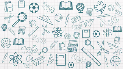 Naklejka premium School Banner Horizontal Background School Supplies Illustrations Blue And White