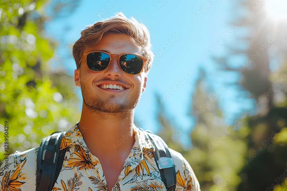 Poster smiling man with a backpack enjoys a sunny hike in the mountains. generative ai