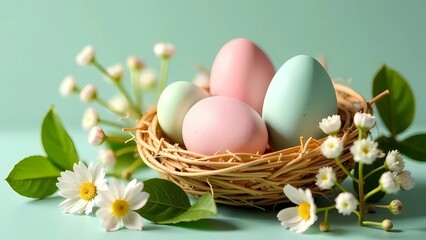 Obraz premium Pastel eggs in straw nests, leaves and flowers all around, spring mood.