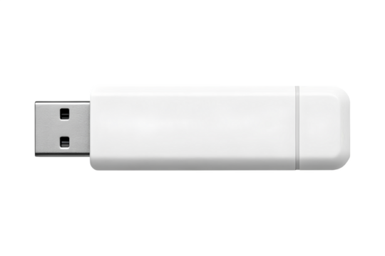 Mockup of a white USB drive placed near a laptop, perfect for branding, logo placement, or promotional product design.