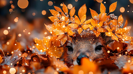 Autumn deer in leaves, magical lights, forest