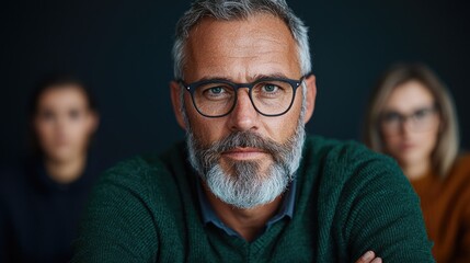 Obraz premium Confident man leading team, serious expression, dark background, business portrait