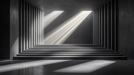 Fototapeta premium A Dark Interior With Dramatic Staircase and Striking Light Beams