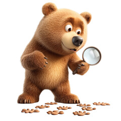 A Curious 3D Cartoon Bear with Magnifying Glass Isolated on Transparent Background