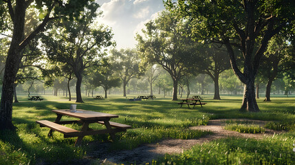 Fototapeta premium Peaceful picnic in a tranquil park on a bright sunny day, inviting relaxation and enjoyment under the trees