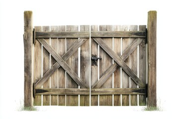 Obraz premium Wooden Gate Isolated on White Background - A rustic wooden gate with cross bracing and a lock, symbolizing security, entrance, privacy, nature, and craftsmanship