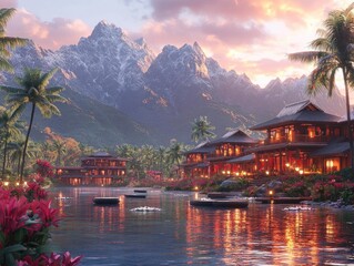 Naklejka premium Serene Sunset: Mountain Lake Village at Dusk, Tranquil Escape near Tropical Paradise