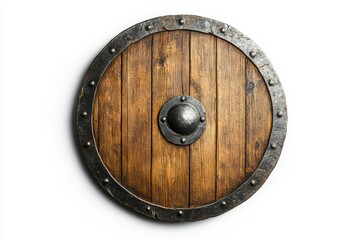 Fototapeta premium Wooden Shield with Metal Border and Round Design - This features a rustic shield made of wood and metal, symbolizing protection, history, strength, craftsmanship, and resilience