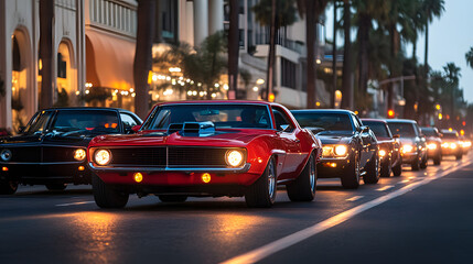 Fototapeta premium A convoy of classic muscle cars rolling through Sunset Boulevard their polished exteriors glowing under the streetlights.