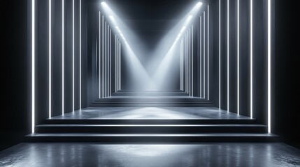 A Futuristic Staircase with Bright Lights Leading Forward Into Darkness