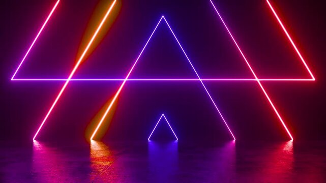 owing neon geometric shapes rotating on reflective black surfaces with copy space in seamless loops.