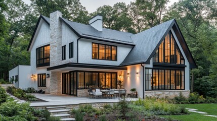 Modern scandinavian-style house with large windows in a forest setting at dusk