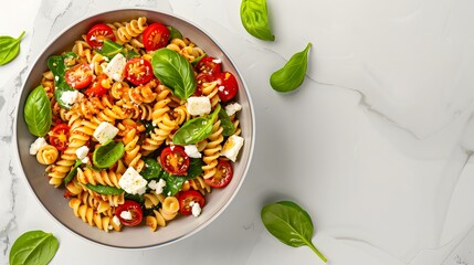 Healthy Mediterranean Fusilli Pasta Salad with Cherry Tomatoes, Spinach Leaves, Feta Cheese, and Basil on Marble Table – Top View of Fresh Vegetarian Italian Dish

