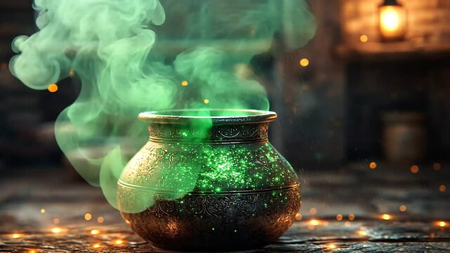 Ancient cauldron steaming with magical green smoke