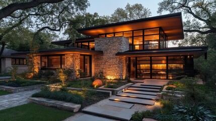 Fototapeta premium Modern two-story stone and glass house with warm ambient lighting in lush greenery