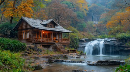 Fototapeta premium Cozy log cabin by waterfall in tranquil autumn forest setting