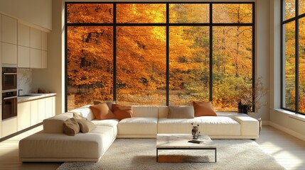 Modern living room with panoramic fall forest views