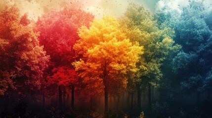 Fototapeta premium Vibrant multicolored forest with dramatic sky and lush trees in misty atmosphere