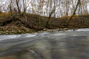 River with a lot of rocks and trees in the background