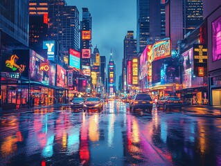 Rainy Times Square Night Cityscape