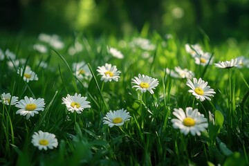 Fototapeta premium Close-up of white daisies blooming in green meadow, soft sunlight, vibrant spring scene, peaceful natural beauty, fresh air, floral landscape.