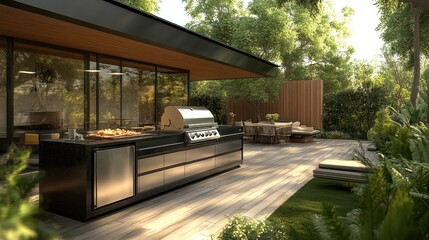 Obraz premium Modern outdoor kitchen with grill and dining area in lush garden setting