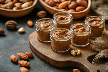 Delicious nut butter jars arranged on a wooden board with assorted nuts in the background at a rustic kitchen