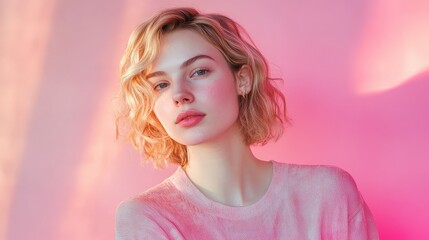 Naklejka premium Portrait of a Young Woman with Wavy Hair Against a Soft Pink Background