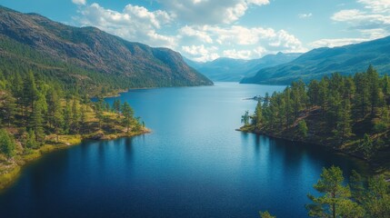 Scenic mountain lake with pine forest and blue sky in norway
