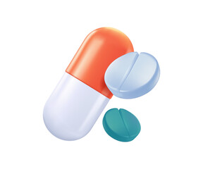 Antibiotic Pills 3D icon pharmacy concept. Pill tablet, supplements, capsule drugs and medications. Illustration of birth control pill with other pills on white background. Healthcare, hematology