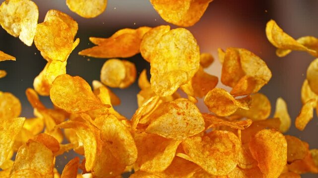 Super Slow Motion of Flying Fried Potatoes Chips. Abstract Blur Interior on Background. Filmed on High Speed Cinema Camera , 1000fps. Camera in Motion.