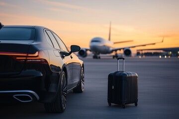 Black luxury car parked near a rolling suitcase on the airport tarmac with an approaching airplane at sunset. Elegant travel and transportation concept.

