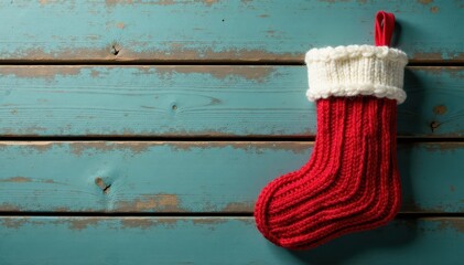 Knitted Christmas stocking on weathered wood plank, charming Christmas detail, christmas scene, yuletide, seasonal