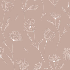 floral line art seamless repeating pattern with sketchy white flowers on dust pink background