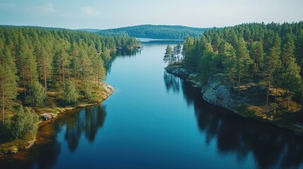 Serene scandinavian forest lake reflecting lush greenery under clear blue sky
