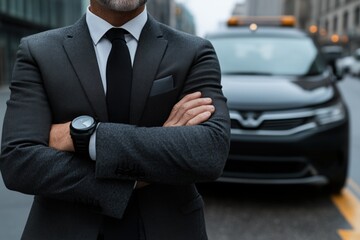 Confident man in a black suit with crossed arms standing in front of a luxury black car on a city street. Professional and security-themed concept.


