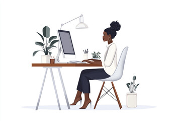 Minimalist illustration of a Black woman working at a desk with a computer in a modern home office. Stylish and productive workspace.

