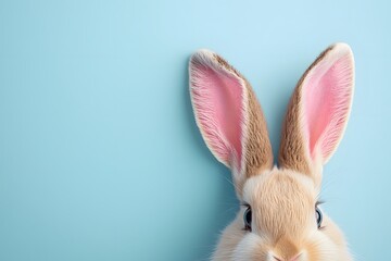 Obraz premium Easter bunny ears peek from the bottom against a soft blue backdrop. Generative AI