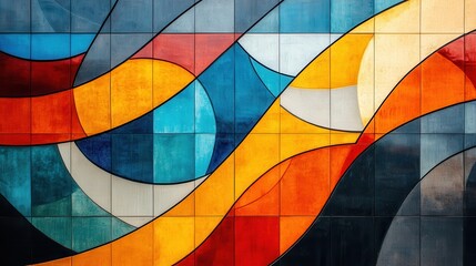 Fototapeta premium Abstract colorful geometric stained glass art with vibrant blue orange yellow curves