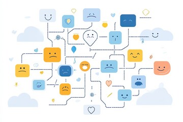  Abstract illustration of connected emotional faces in a digital flowchart, visually representing human emotions, relationships, and mental health concepts.