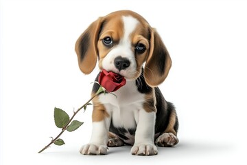 Adorable Beagle puppy sitting with a red rose in its mouth on a white background. Cute and gentle expression.

