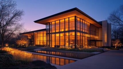 Modern glass house at dusk with illuminated interior and reflective water feature