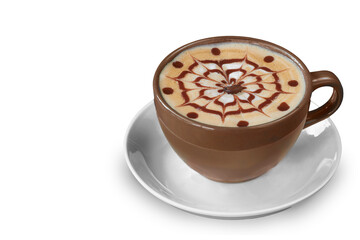Hot cappuccino coffee with latte art in brown ceramic cup on white background